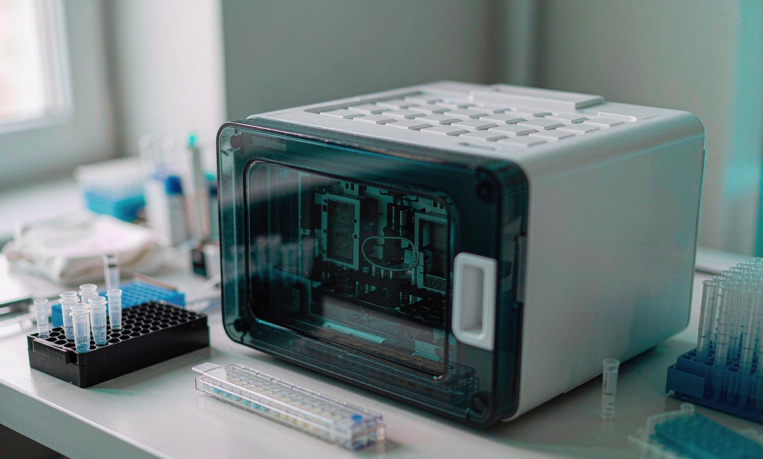 Real-Time PCR Instrument for SHOX2 and RASSF1A DNA Methylation Testing of Bronchoalveolar Lavage Fluid Real-time PCR thermal cycler with reagent tubes and sample rack on a molecular diagnostics laboratory bench used for SHOX2 and RASSF1A DNA methylation testing of bronchoalveolar lavage fluid