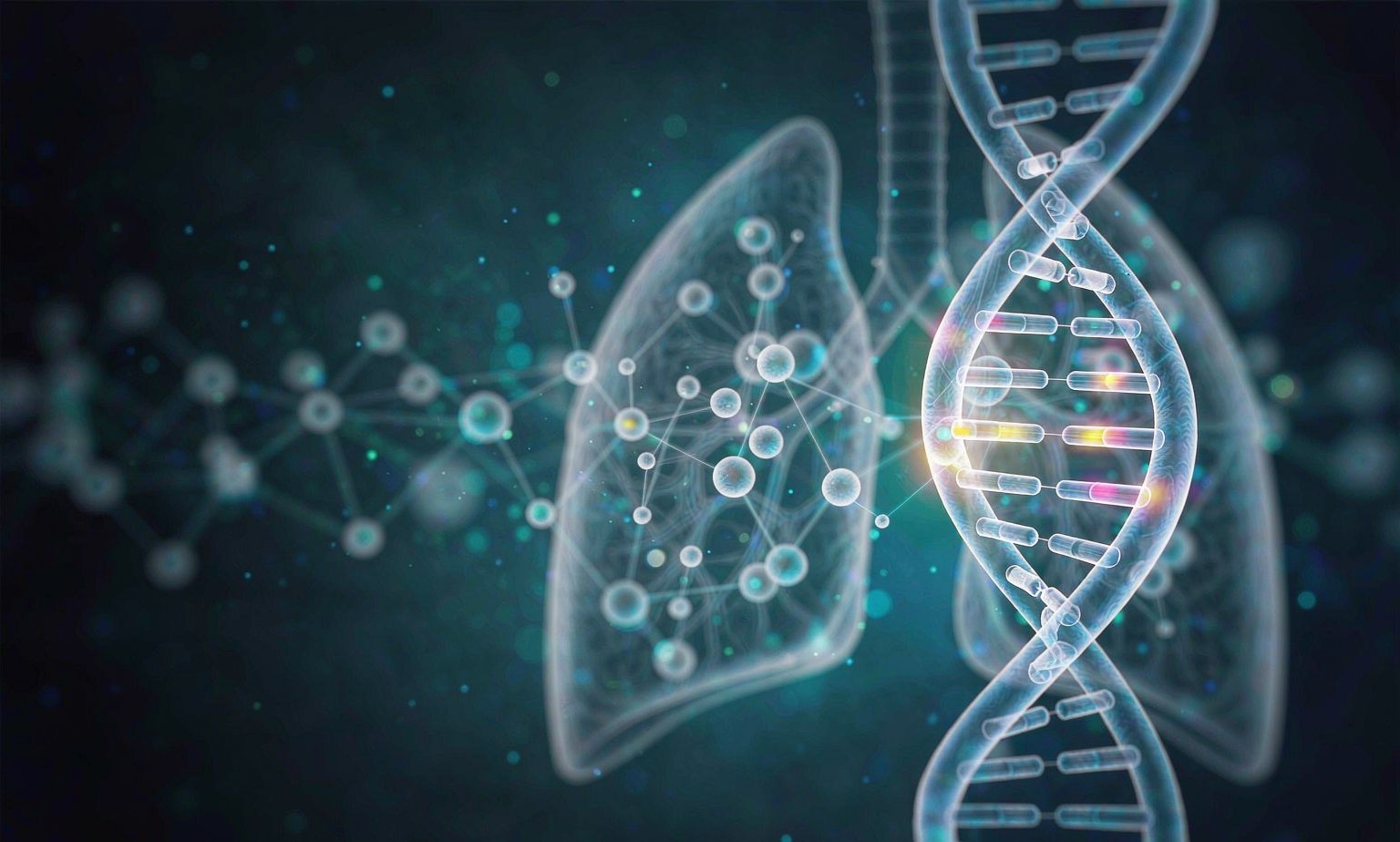 EGFR Gene Mutations in Exons 18 to 21 as Predictive Biomarkers in NSCLC DNA double helix with highlighted mutation sites overlaid on a semi-transparent illustration of human lungs, illustrating EGFR exon 18 to 21 mutations as predictive biomarkers in non-small cell lung cancer