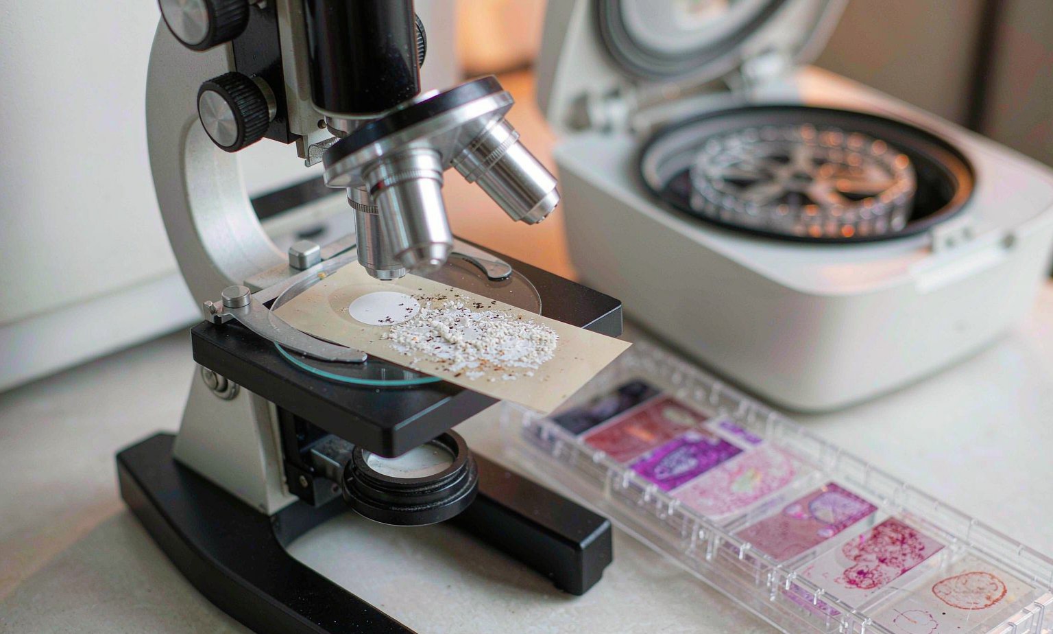 Cytology Slide, Tissue Blocks and Real-Time PCR Instrument for BRAF V600E Testing Pathology laboratory bench with a fine-needle aspiration cytology slide under a light microscope, paraffin-embedded tissue blocks and a real-time PCR instrument used for BRAF V600E mutation testing