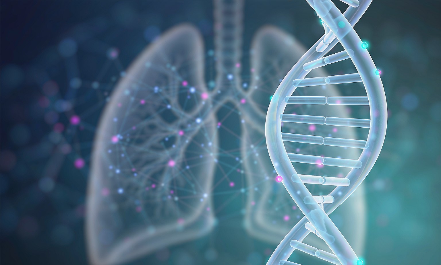 SHOX2 and RASSF1A DNA Methylation Biomarkers for Lung Cancer Detection DNA double helix with methylation marks overlaid on a human lung silhouette, illustrating the SHOX2 and RASSF1A methylation biomarkers used for lung cancer detection in bronchoalveolar lavage fluid