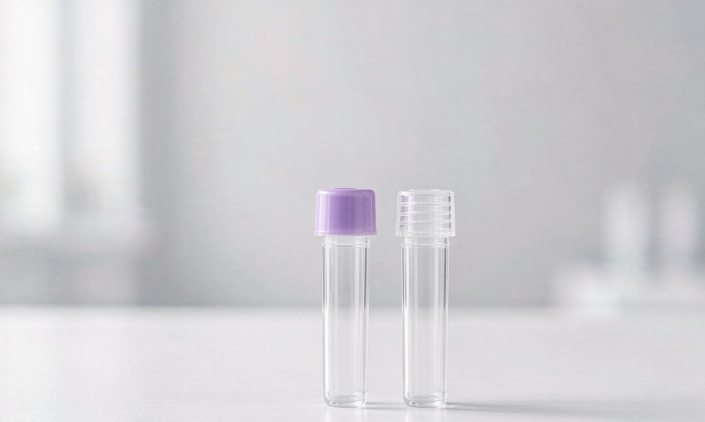 Plasma and Saliva Are Both Accepted Specimen Types for the Four-Target circRNA RT-PCR Depression Panel A blood collection tube with a lavender EDTA cap standing beside a clear saliva collection tube on a white laboratory surface, illustrating the two non-invasive specimen types accepted by the four-target circular RNA RT-PCR panel for major depressive disorder