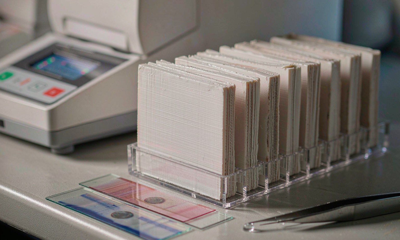 Tumour Tissue and Real-Time PCR Instrument for EGFR Mutation Testing in NSCLC Molecular pathology workbench with paraffin-embedded tumour tissue blocks, stained glass slides and a real-time PCR instrument used for EGFR mutation testing in non-small cell lung cancer tissue
